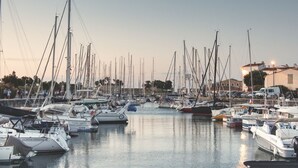 Ein Yachthafen mit zahlreichen Schiffen, ruhigem Wasser und Gebäuden im Hintergrund.