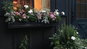 Un edificio con fachada oscura, una ventana que ofrece vistas a iluminación interior, y una jardinera con diversas plantas y flores.
