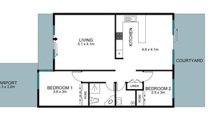 A floor plan with a living room, kitchen, two bedrooms, a bathroom, and a carport. - Cresta 1 Crescent Head (Crescent Head)