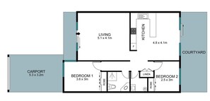 A floor plan with a living room, kitchen, two bedrooms, a bathroom, and a carport.