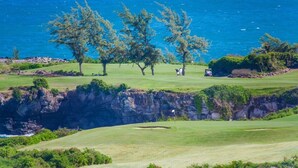 Ein Golfplatz mit Blick auf das Meer, Bäume und steile Klippen.