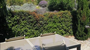 A garden with a table and chairs, surrounded by various plants and trees. - Gîte l'Amandier (Vogüé)
