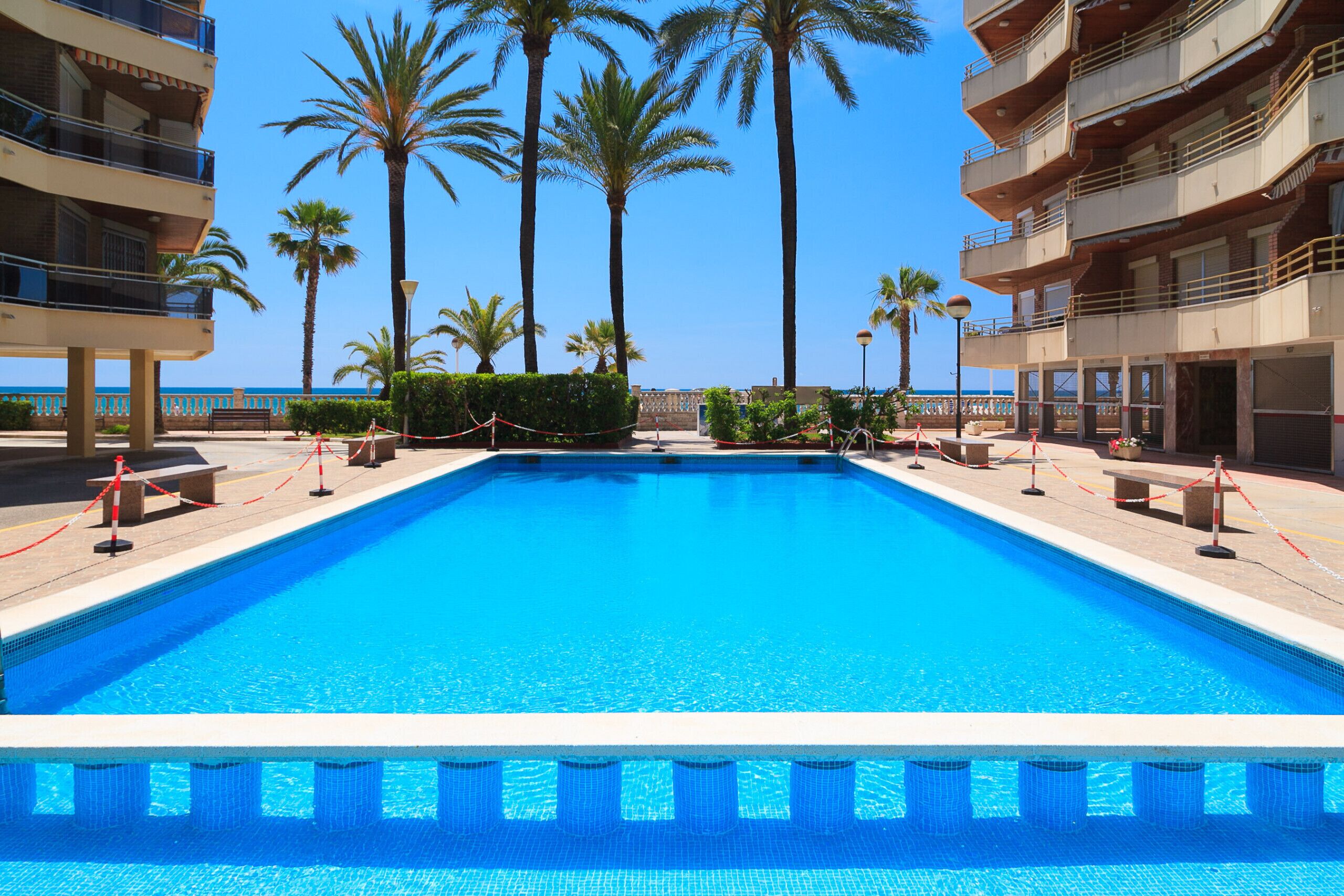 Une piscine rectangulaire à l’eau d’un bleu cristallin, entourée de palmiers et bordée d’un bâtiment doté de balcons.