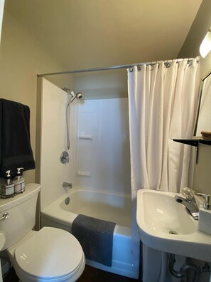 Combined shower/tub, hair dryer, towels, soap