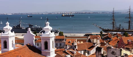 A coastal cityscape with historic buildings, a harbor with sailboats, and a large ship docked.