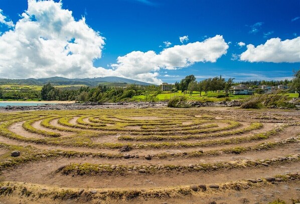A circular maze-like pattern on the ground, surrounded by greenery and a clear sky.