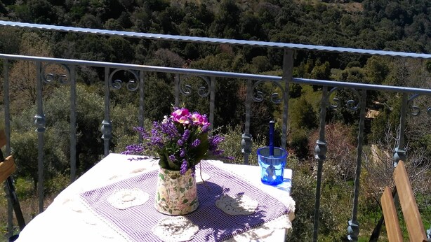 Une table dressée à l’extérieur, avec vue sur un paysage montagneux.