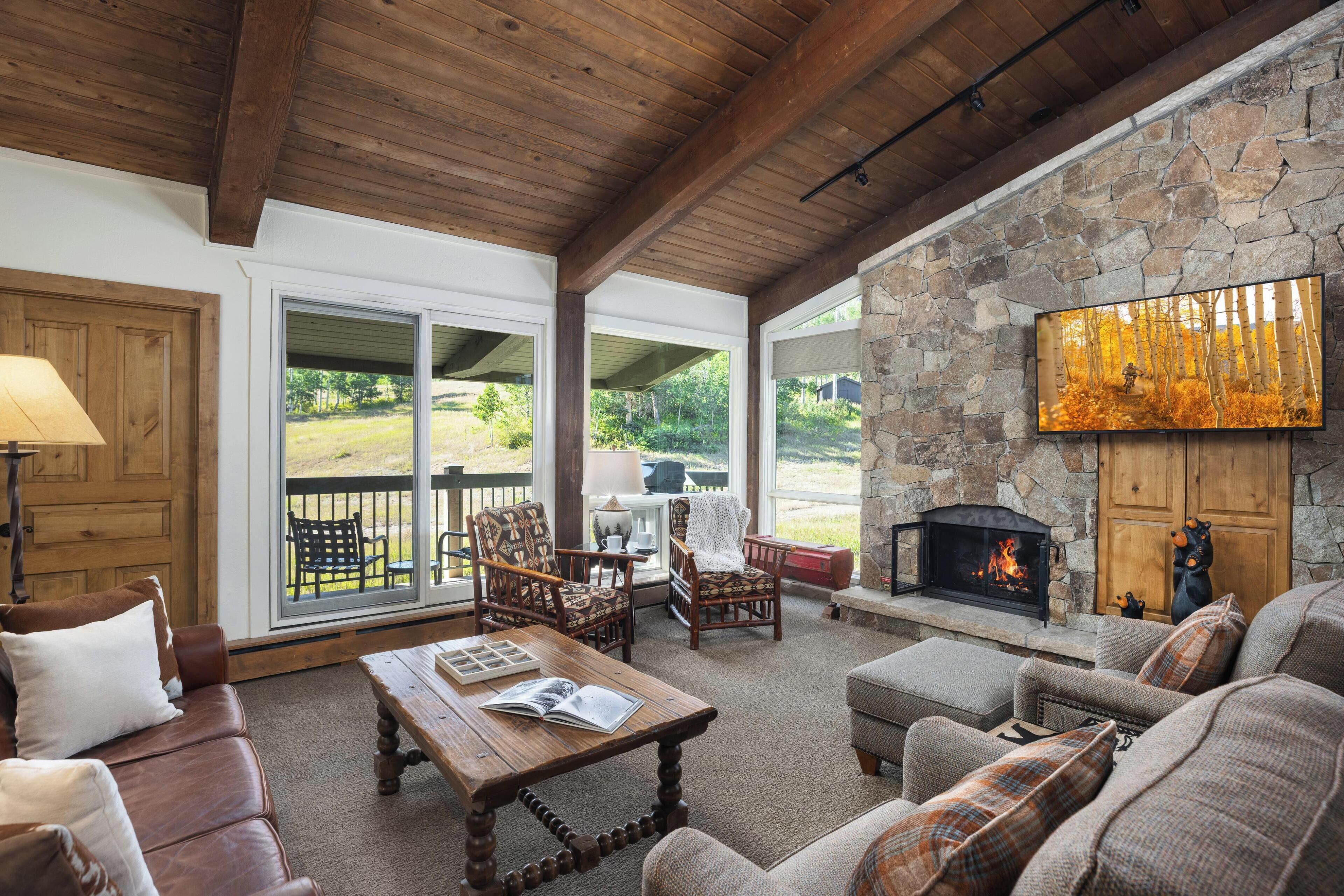 Flat-screen TV, fireplace