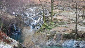 Un paysage naturel caractérisé par un ruisseau aux eaux claires, un terrain rocheux et une végétation clairsemée.
