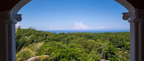 A view through an arched window overlooking a lush, green landscape with dense foliage and a clear blue sky.