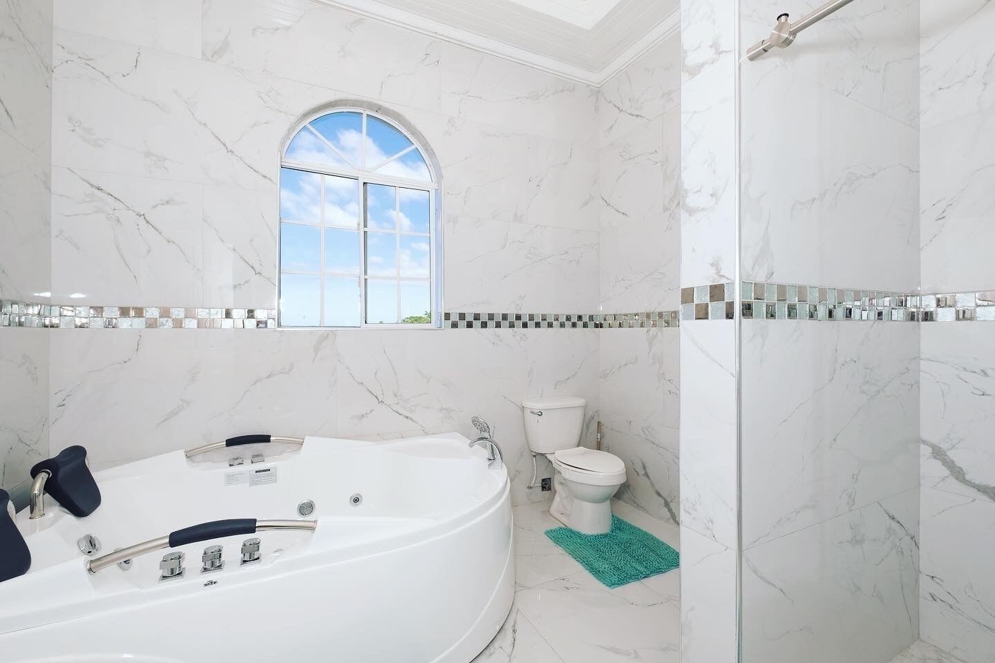 Combined shower/bathtub, jetted bath, towels, toilet paper