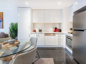 Fridge, microwave, oven, stovetop