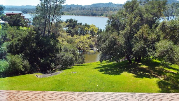 Une vue depuis un balcon donnant sur un lac, entouré d’arbres et d’une zone herbeuse.