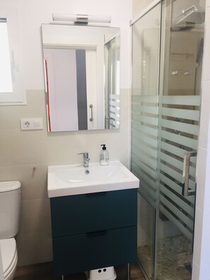 Bathroom features a sink, mirror, glass shower enclosure, and toilet.