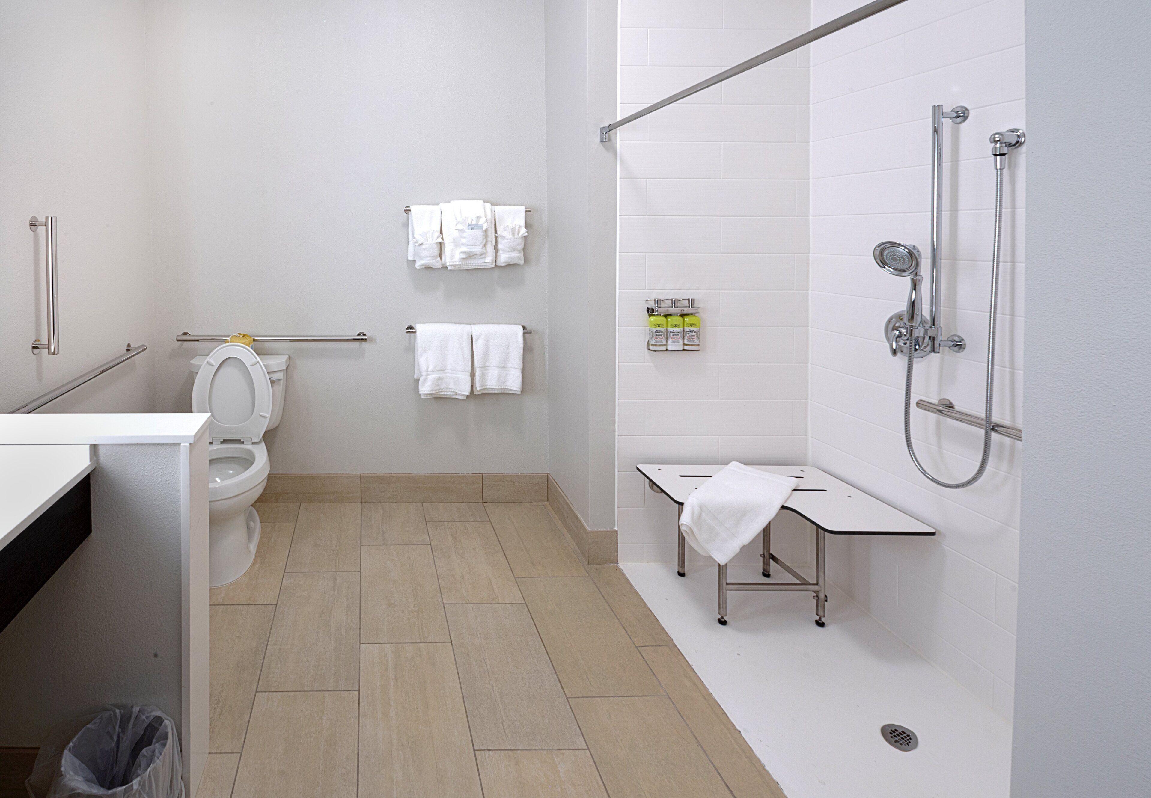 standard room, 1 king bed, accessible (roll-in shower) | bathroom | shower, free toiletries, hair dryer, towels