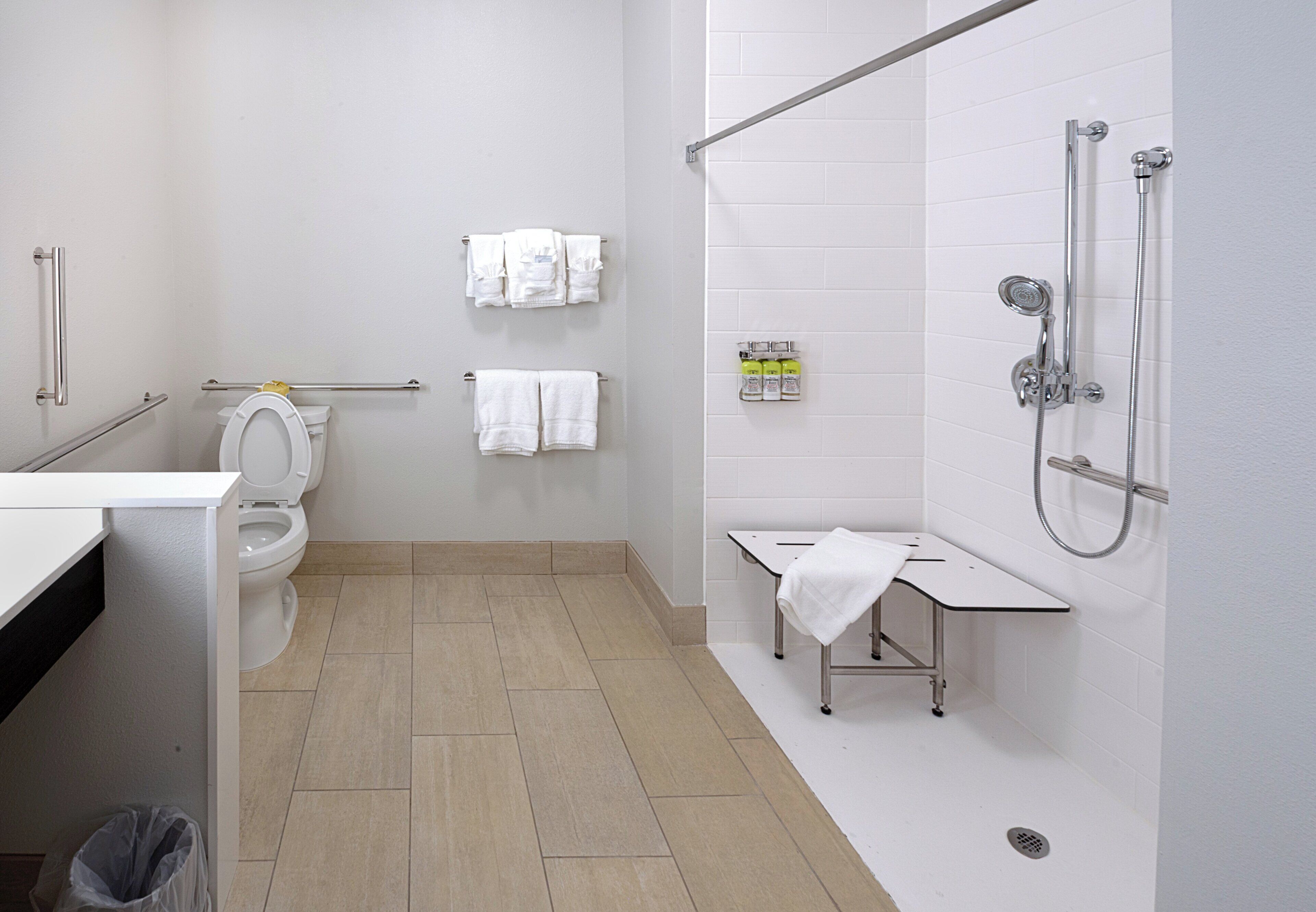 Un bagno moderno con un WC, una doccia e un lavandino.