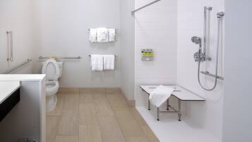 Un bagno moderno con un WC, una doccia e un lavandino.
