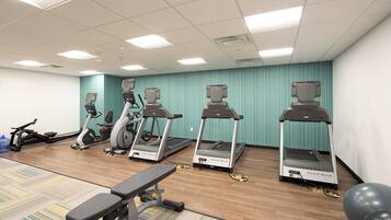 A fitness room with treadmills, a stationary bike, and a bench.