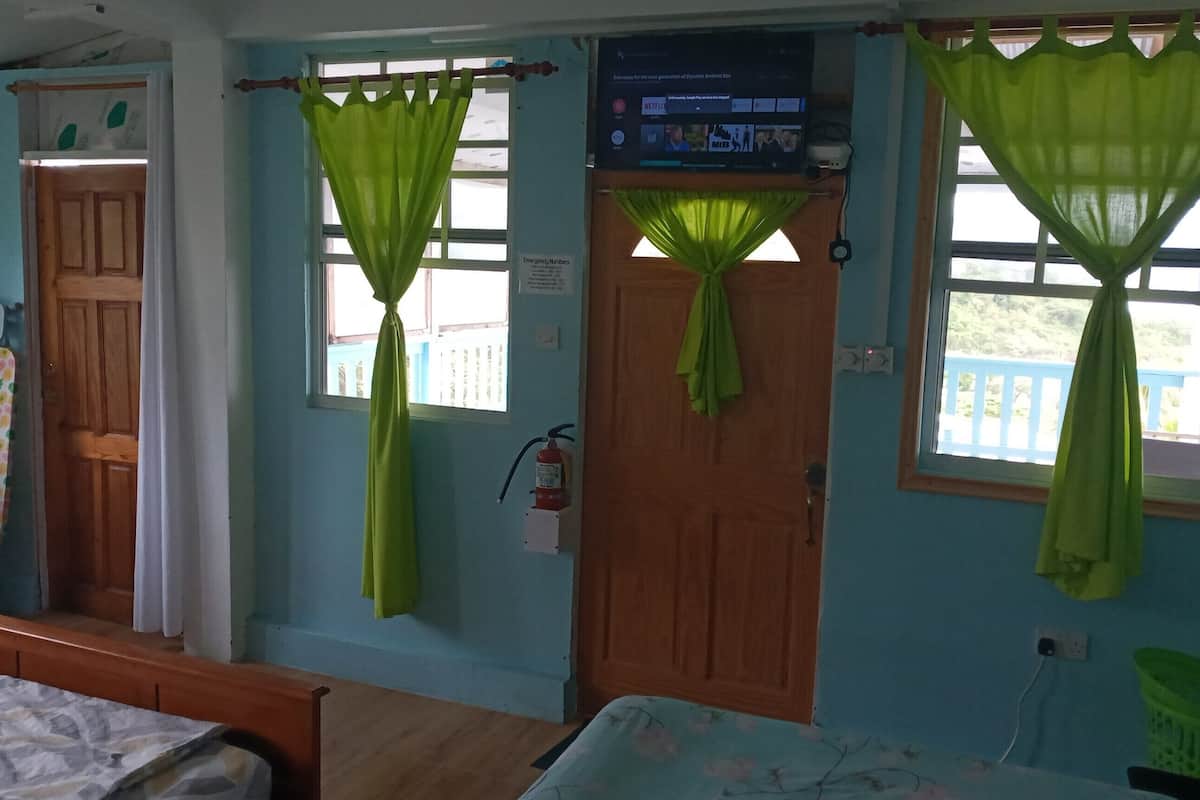 Ein Zimmer mit einem Bett, einer Holztür und einem Fenster mit grünen Vorhängen.