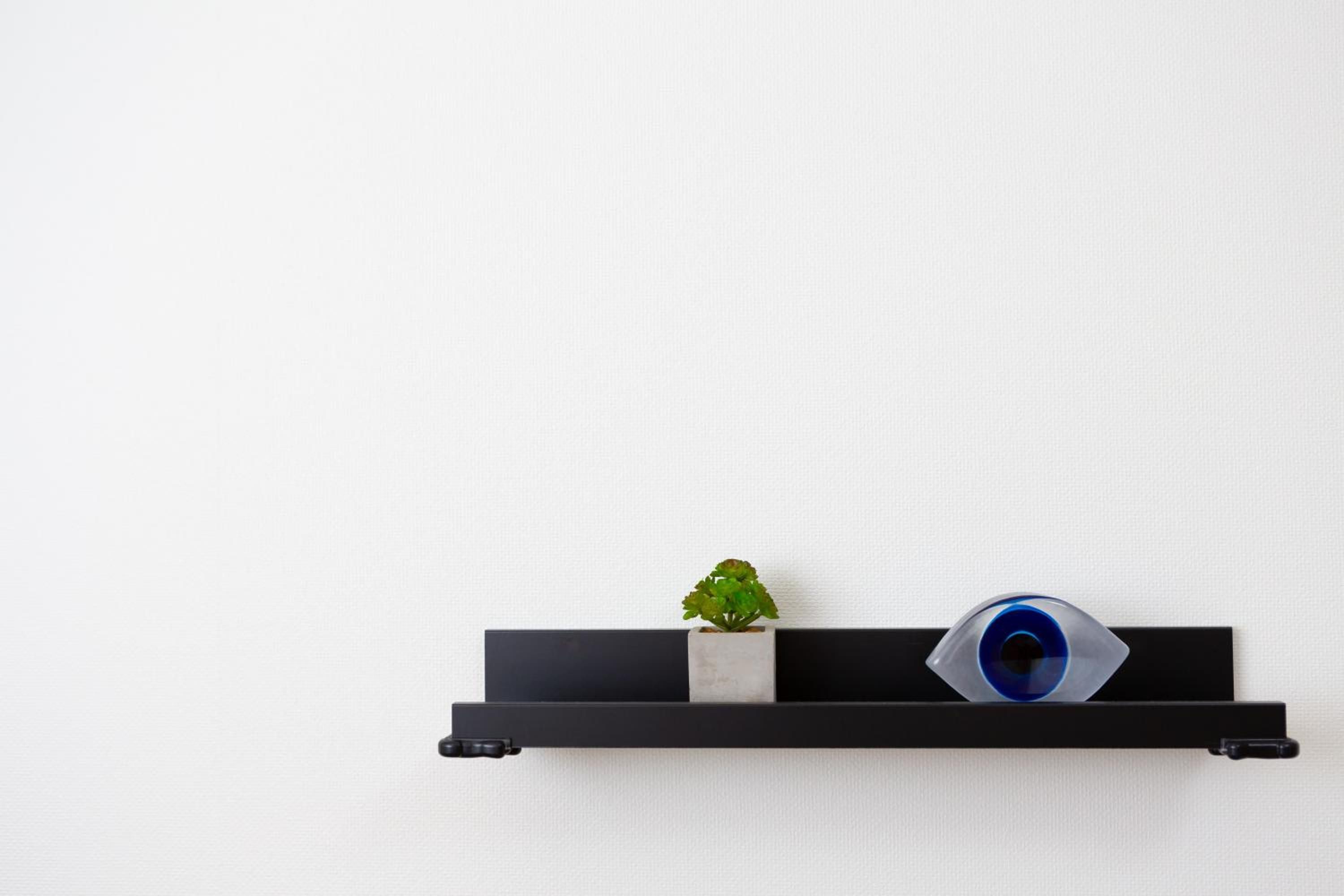 A black shelf with a small potted plant and a blue object against a white wall.