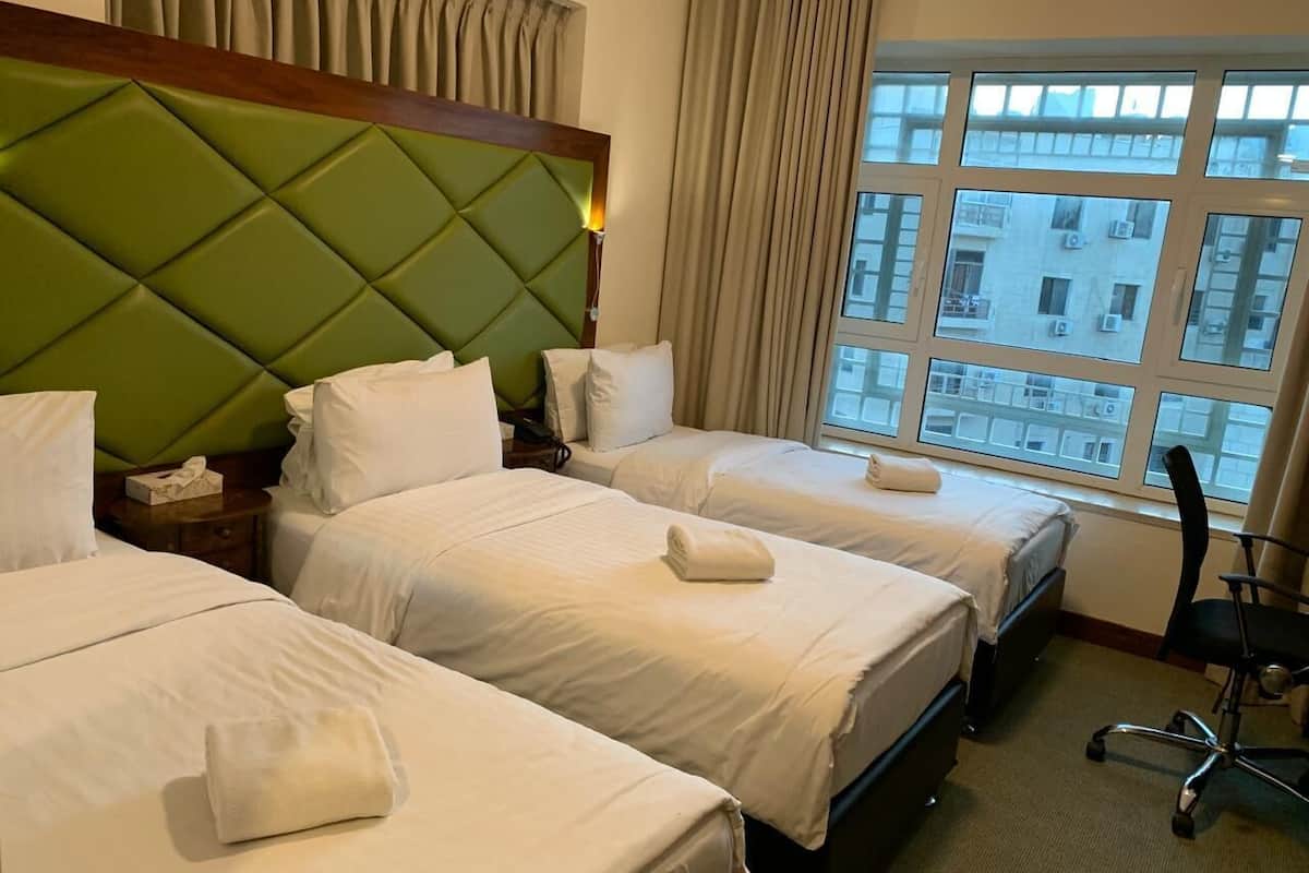 Minibar, desk, laptop workspace, blackout curtains