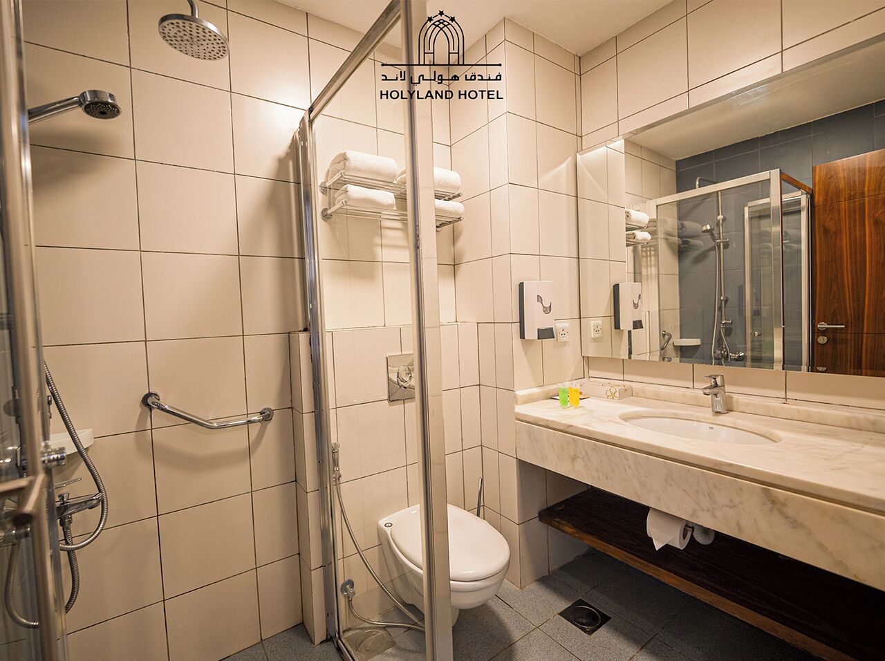 A bathroom with a shower, toilet, and sink.