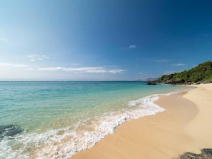 A beach with clear turquoise water, sandy shore, and a forested hill in the background. - Beach Resorts Hotel KALAKAUA (Onna)