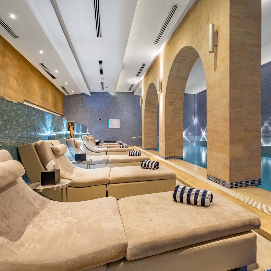 Indoor pool, outdoor pool, open 9:00 AM to 9:00 PM, sun loungers