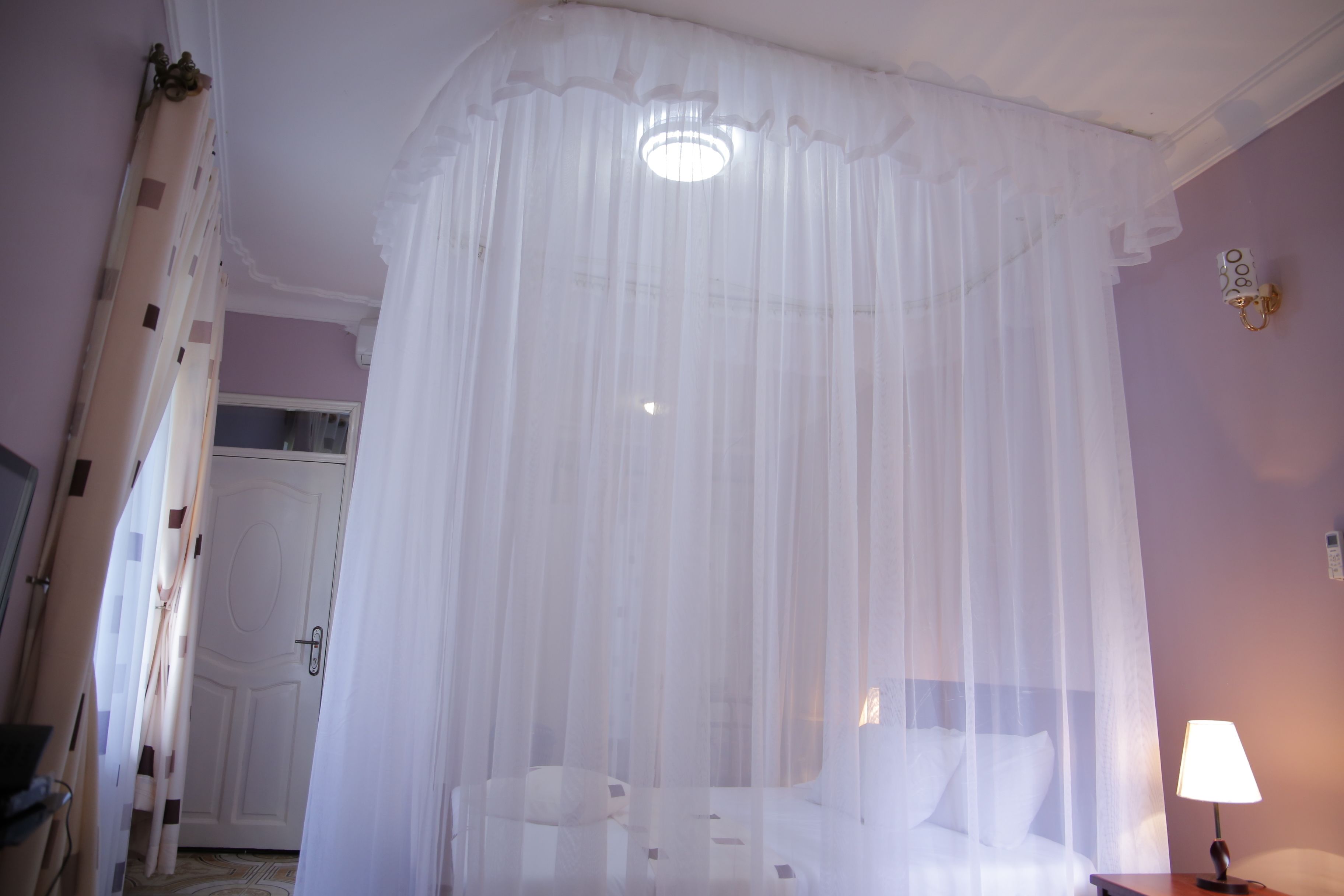 A bedroom with a canopy bed, a bedside lamp, and a door leading to another room.