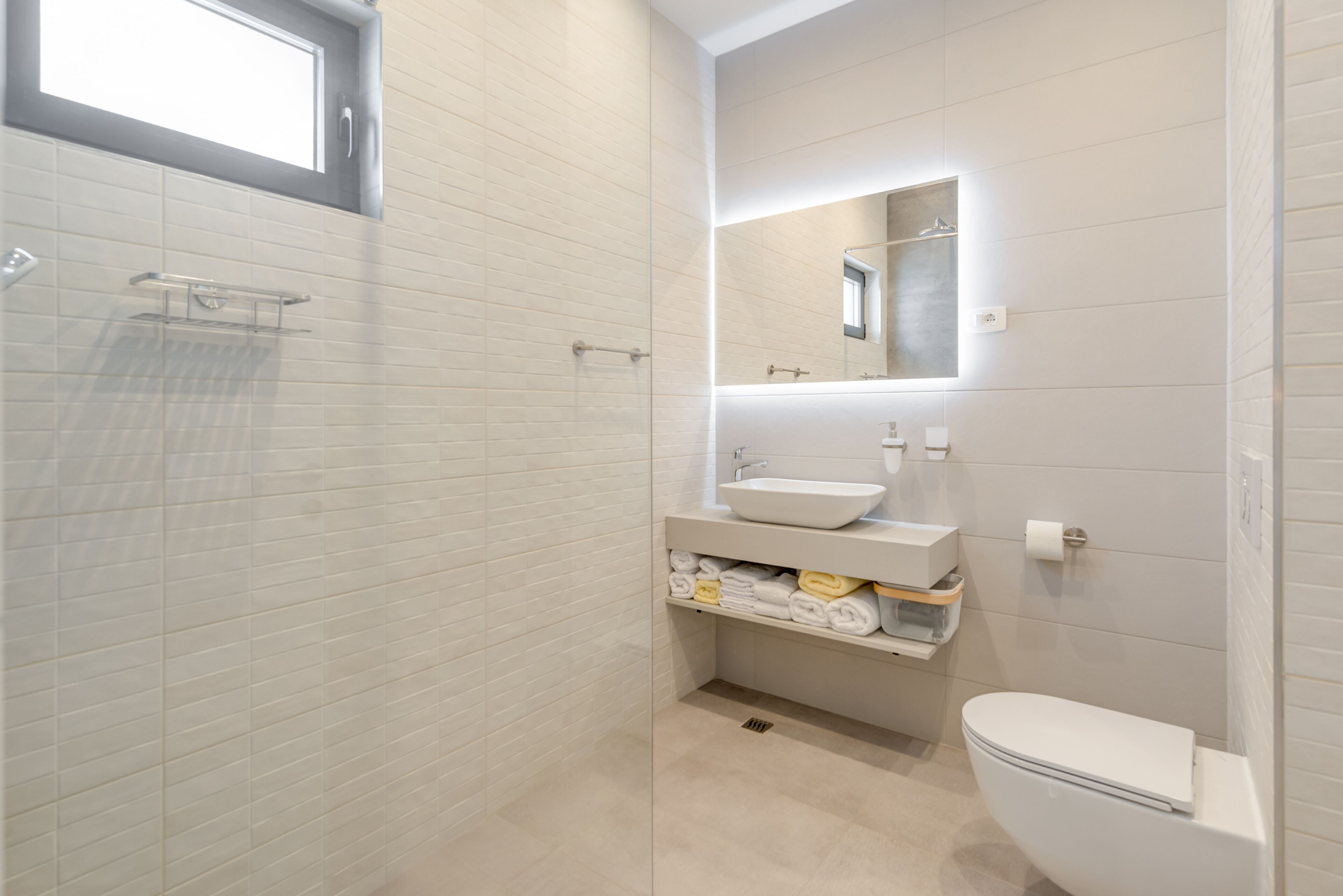 A modern bathroom with a walk-in shower, a toilet, and a sink with a mirror above it.