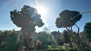 A parking lot with several cars, trees, and a building in the background. - Maison Giulivia a San Pietro (Rome)