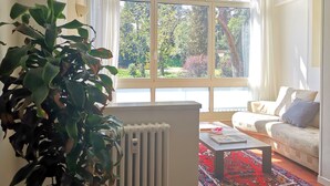 A living room with a large window, a radiator, a sofa, and a coffee table. - Maison Giulivia a San Pietro (Rome)