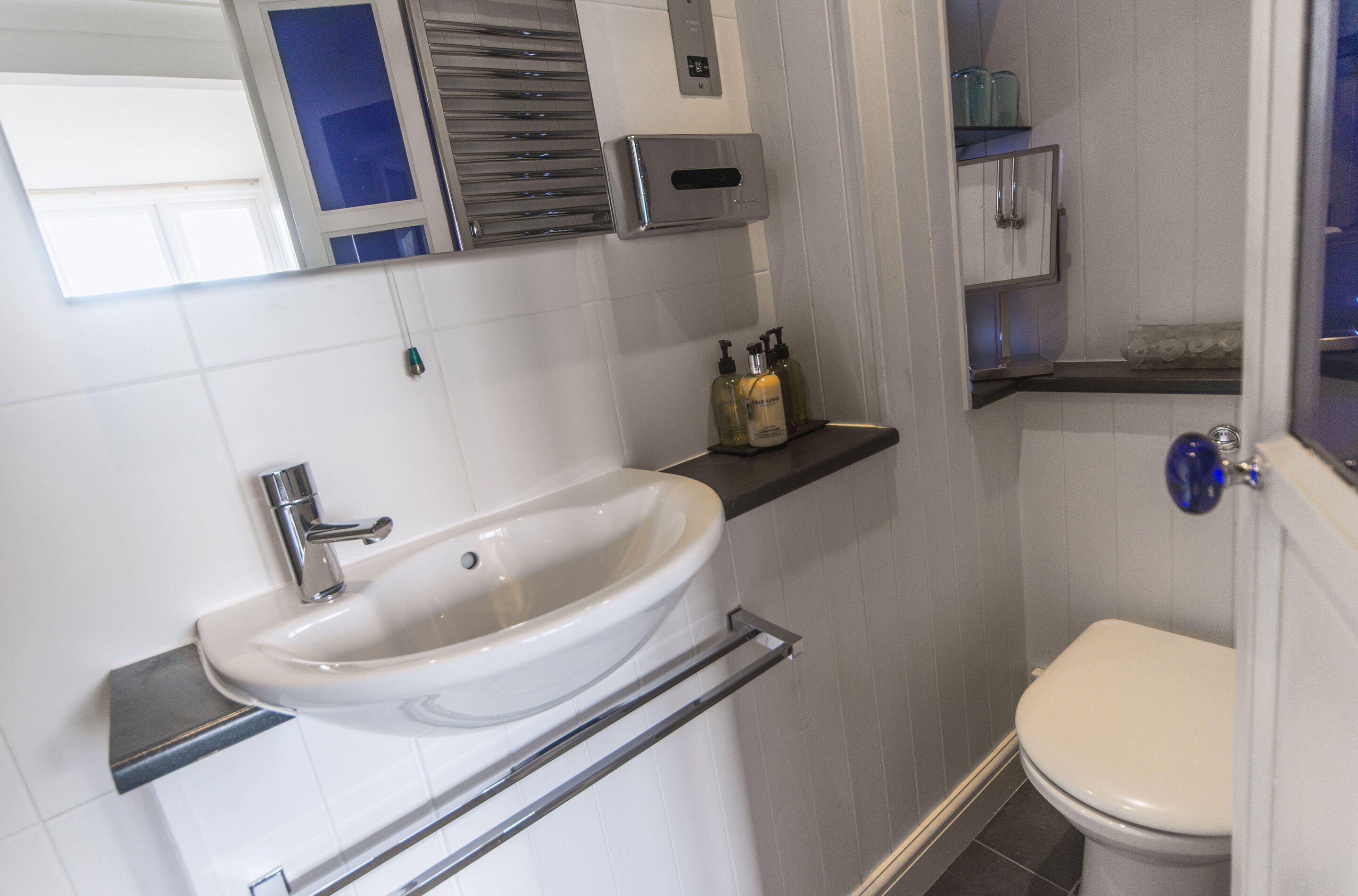 Une salle de bain avec un lavabo blanc, des toilettes et un miroir. On y trouve des flacons de savon liquide et un distributeur de savon sur le lavabo.
