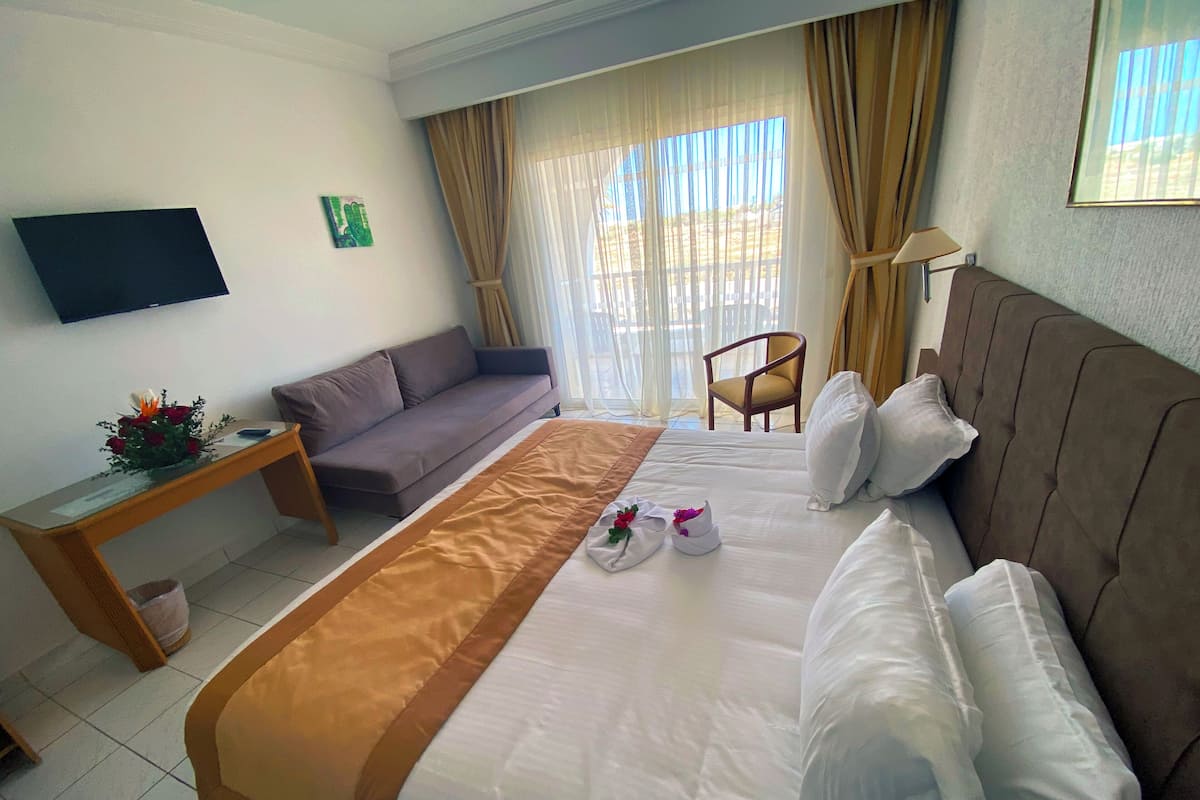 Une chambre d’hôtel avec un lit, un canapé, un téléviseur fixé au mur et une fenêtre avec des rideaux.