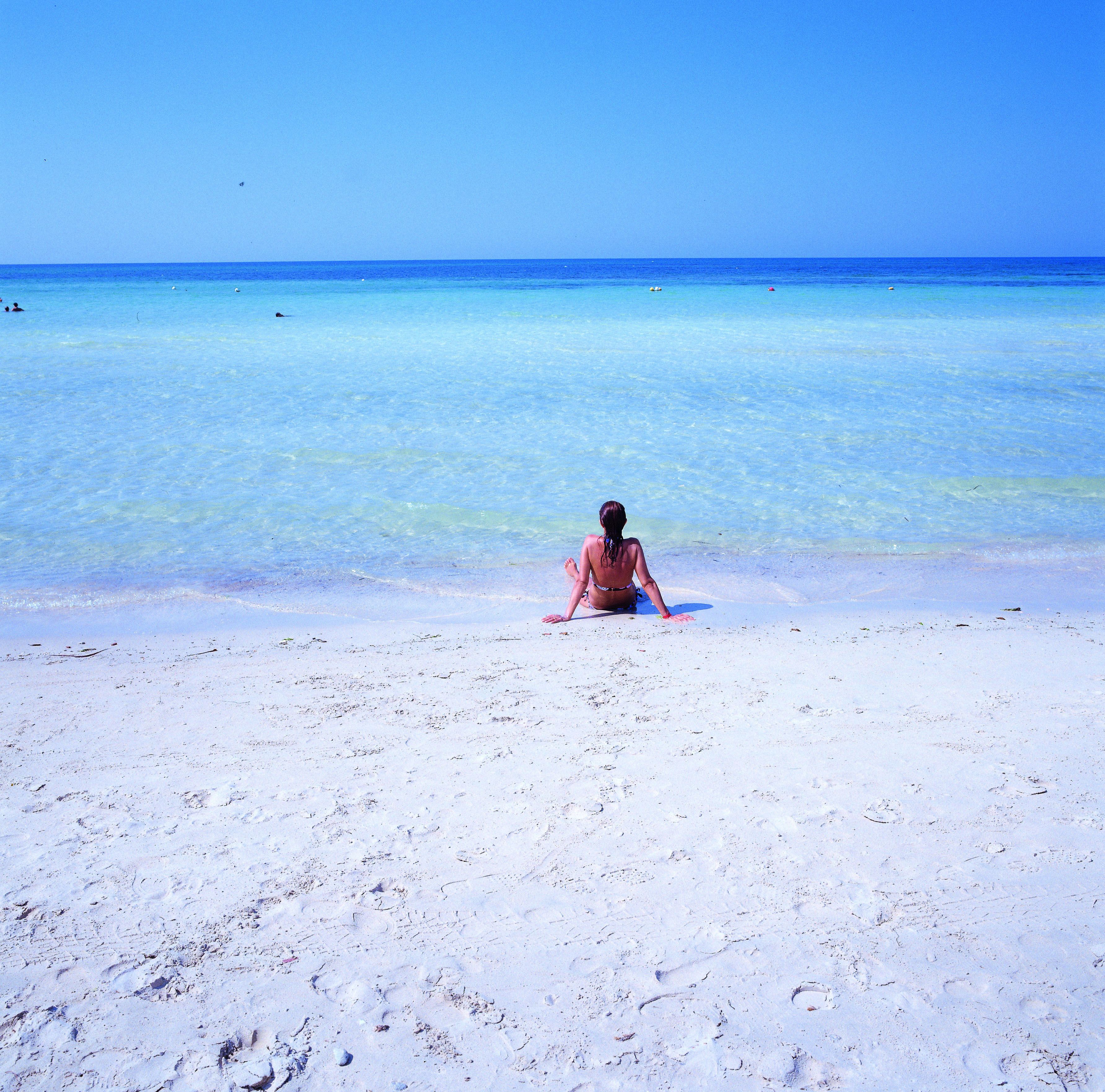 Una persona sentada en una playa arenosa mirando al océano.