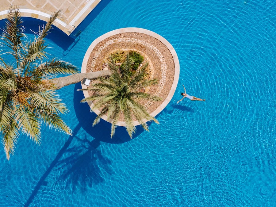 An aerial view of a swimming pool with a palm tree and a person swimming.