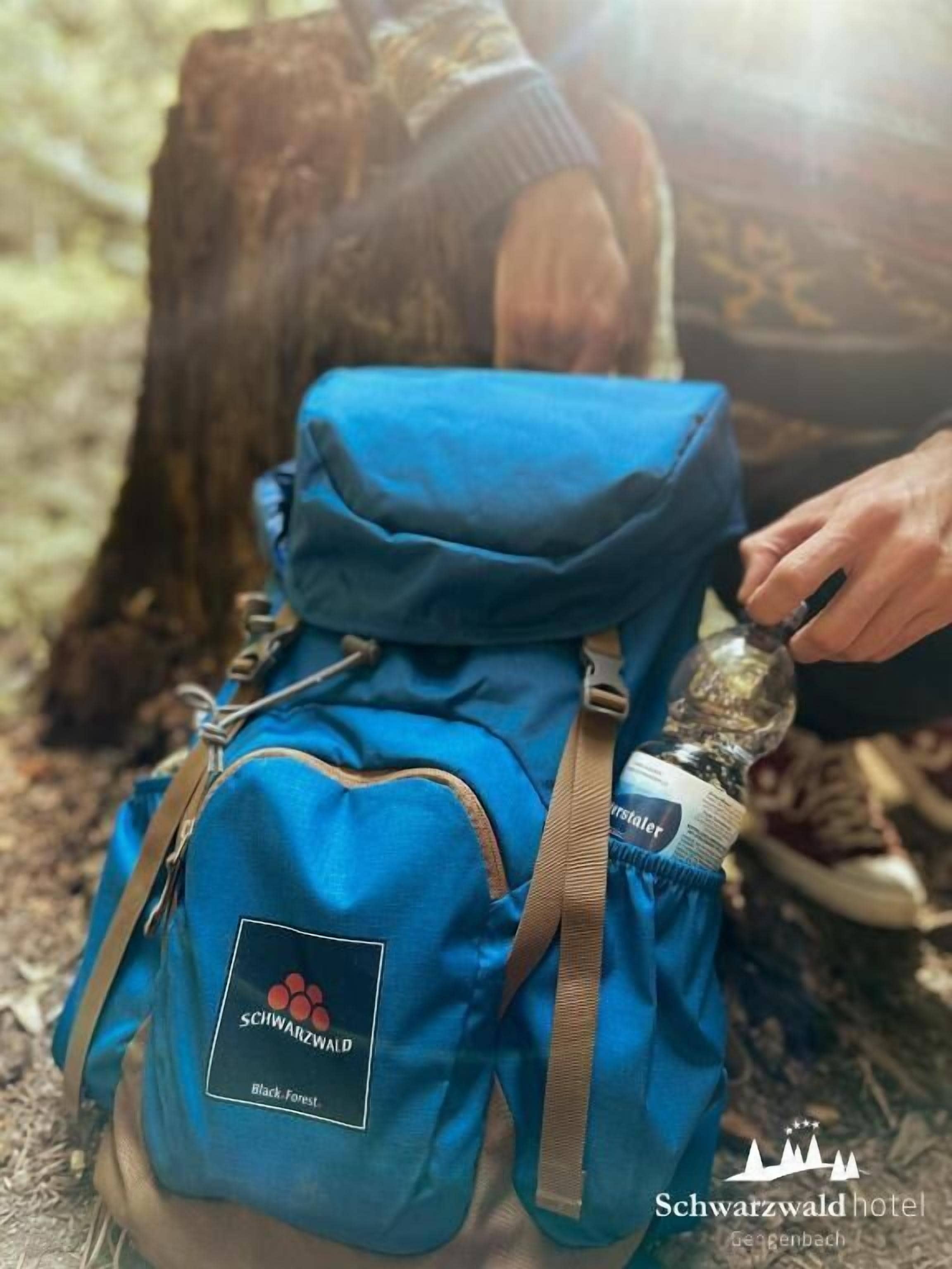 Uma pessoa com mochila azul, com logotipo e texto, sentada ao ar livre, com um toco de árvore ao fundo.