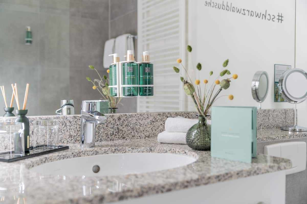 hair dryer, towels, soap, shampoo