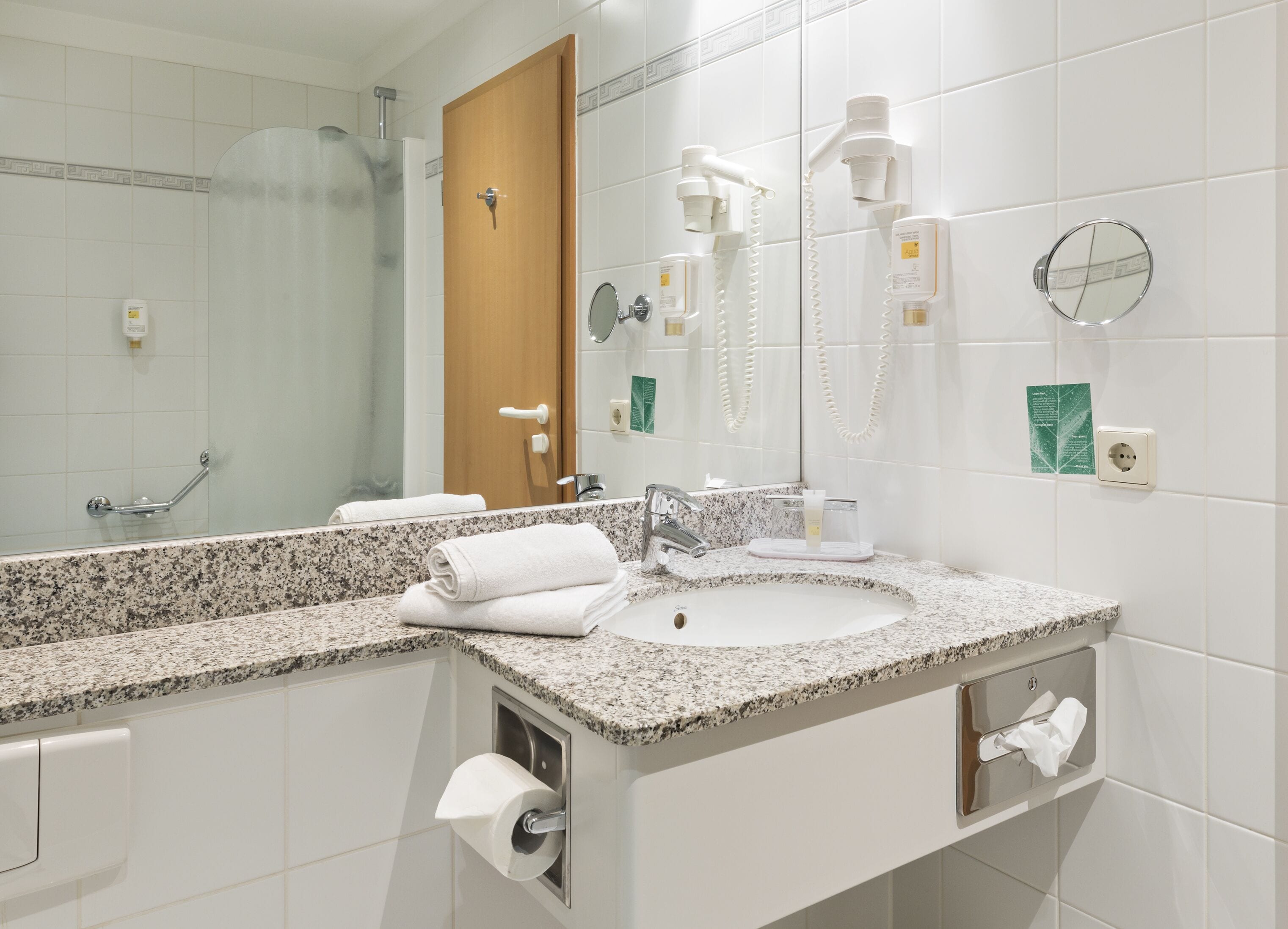 single room | bathroom | hair dryer, towels, soap, shampoo