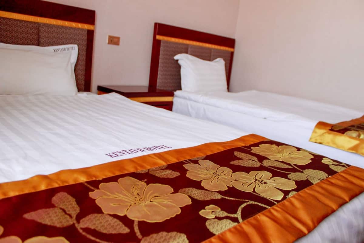 A hotel room with two single beds, each with a headboard and white bedding.