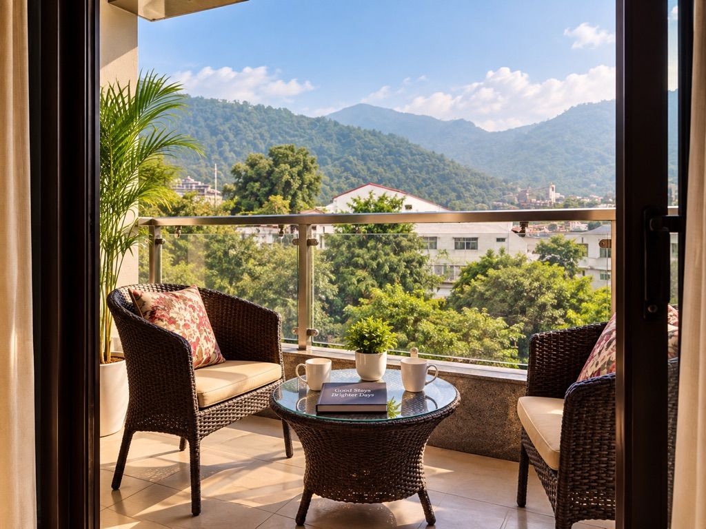 Un balcón con mobiliario de mimbre, una mesa de vidrio y vistas a un paisaje montañoso.