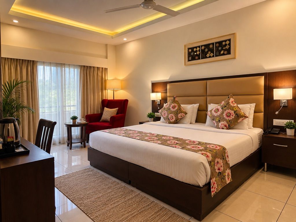 A hotel room with a large bed, a desk, a chair, and a desk lamp.