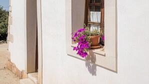 A white building with a tiled roof, a window with a curtain, and a potted plant with purple flowers. - F - Casa do Garibaldi in Quinta das Alagoas by DreamAlgarve (Lagos)