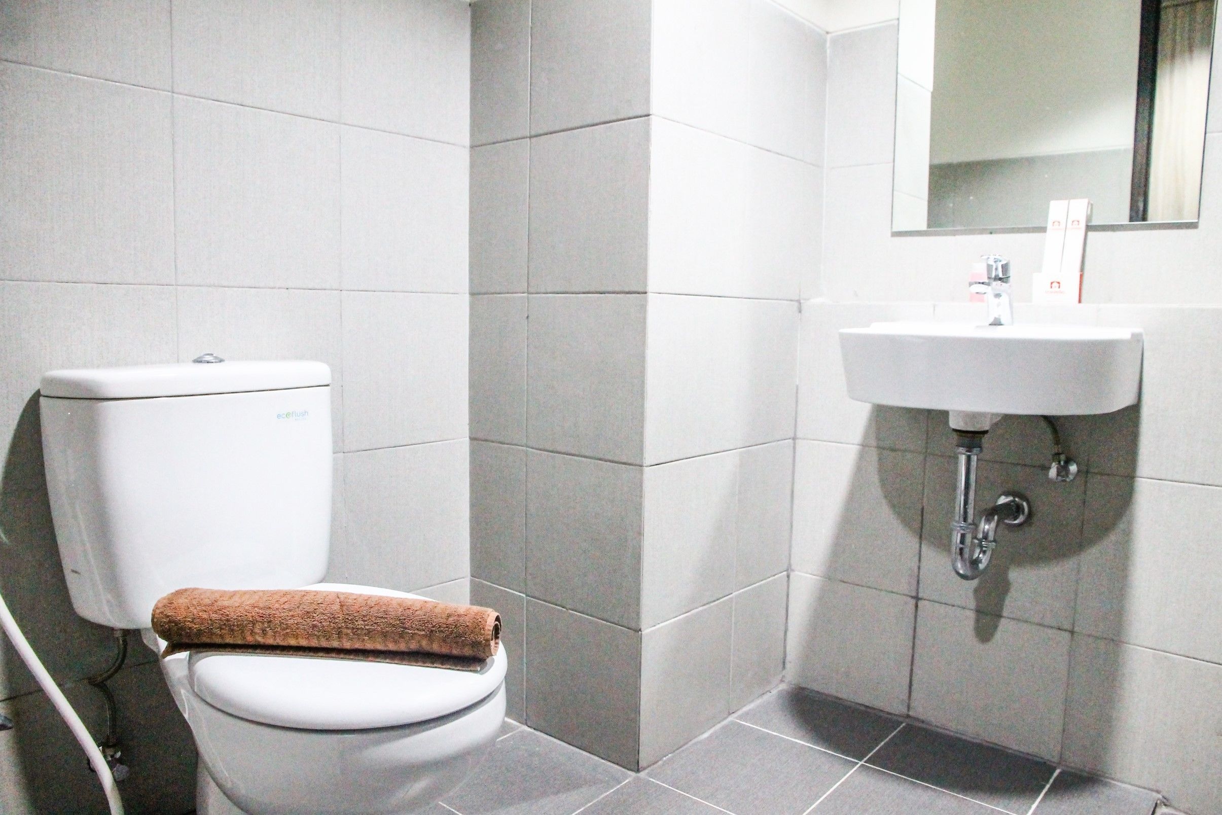 A bathroom with a toilet, a sink, and a mirror.