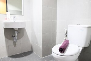 Bathroom features a wall-mounted sink, toilet, and mirror, with a tiled floor and walls.