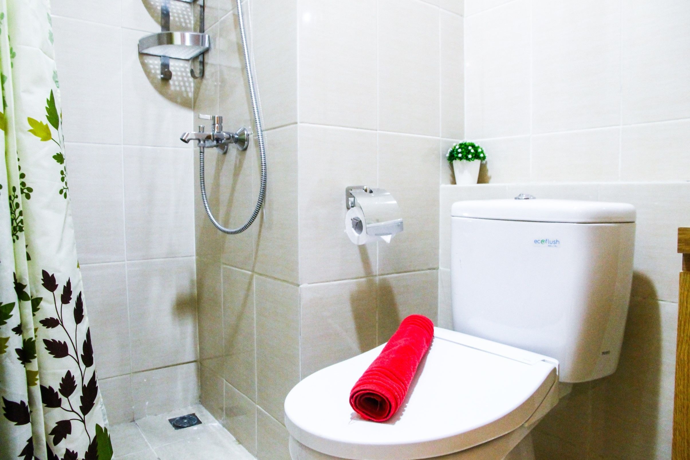 A bathroom with a shower, toilet, and a small plant on the wall.