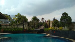 Une piscine à bord incurvé, entourée d’un mur de pierre et de verdure.