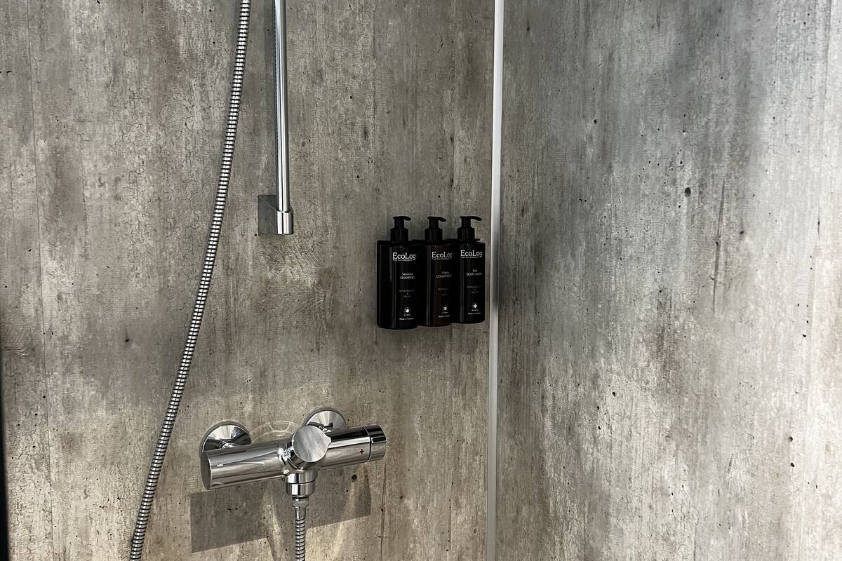 shower, designer toiletries, hair dryer, heated floors