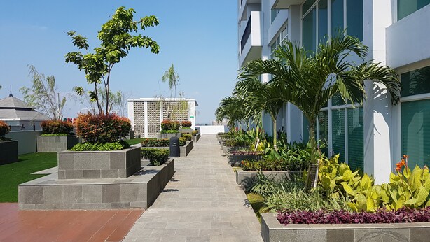 A pathway lined with planters and trees, leading to a modern building with large windows. - Fabulous Tree Park City Studio Apartment near ICE BSD (Tangerang)
