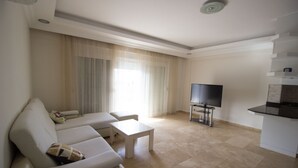 Una sala de estar moderna con un sofá, una mesa de centro y un televisor.